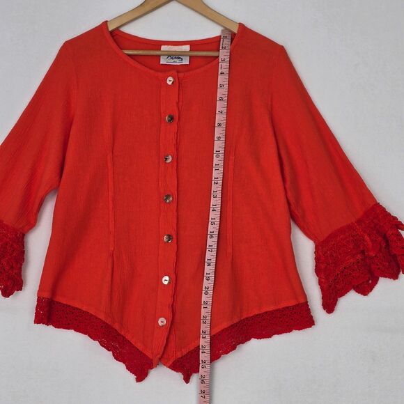 Dunes Relaxed Fashion Womens M Coral Orange Cotton Gauze Crochet Trim Blouse Top - Picture 11 of 12